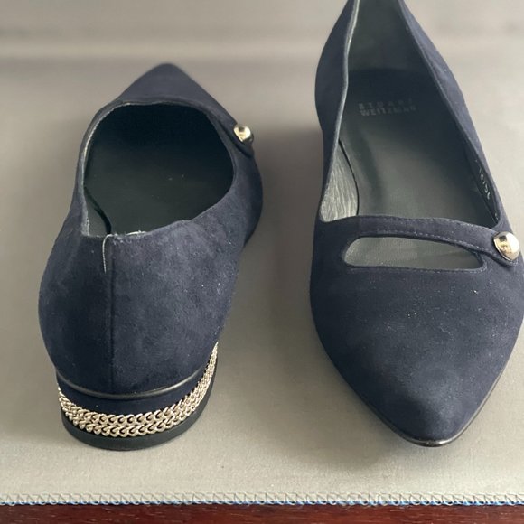 Stuart Weitzman Navy Pointy Toe Flats with Chain Inlay Heel - Picture 3 of 8